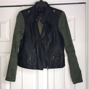 Lightly worn faux leather army green zipper jacket